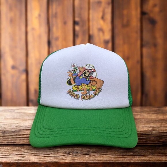 Super Mario Brothers Mens Trucker Hat Green Snapback Original Logo Video Game - Picture 1 of 4